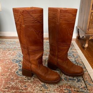 Rare Frye Vintage 70s Boots / Longhorn Frye Cognac Leather Knee High Boots / 6